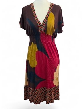 Mark. Brown Floral V-Neck Smocked Waist Dress - Multicolor